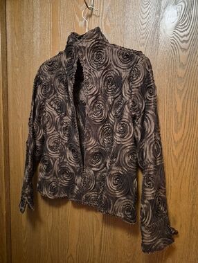 Vintage D &Y Evening Textured Rose Swirl Zip Front Jacket in Chocolate Brown M